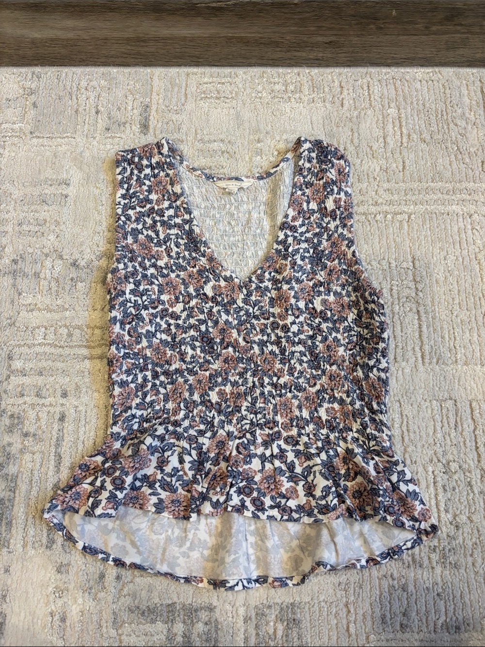 Floral Smocked V-Neck Peplum Tank Top - Blue & Brown